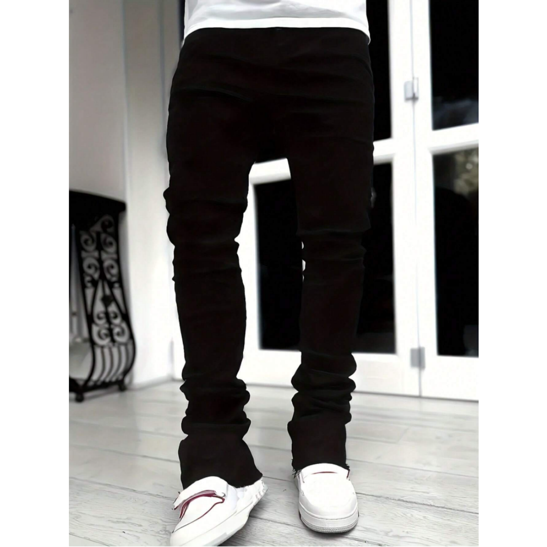 Men's Black Stacked Jeans — Slim Straight Leg, Raw Frayed Hem