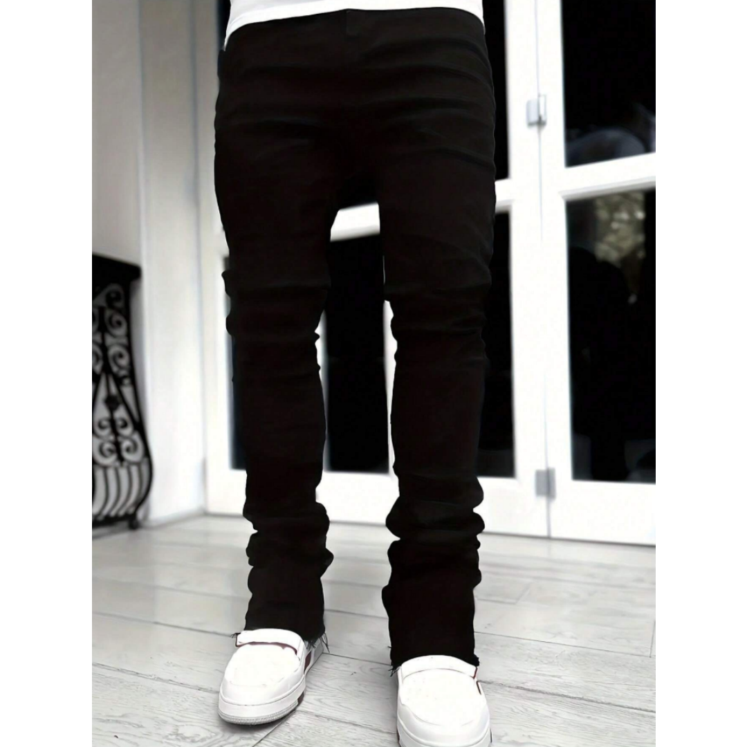 Men's Black Stacked Jeans — Slim Straight Leg, Raw Frayed Hem, view 4
