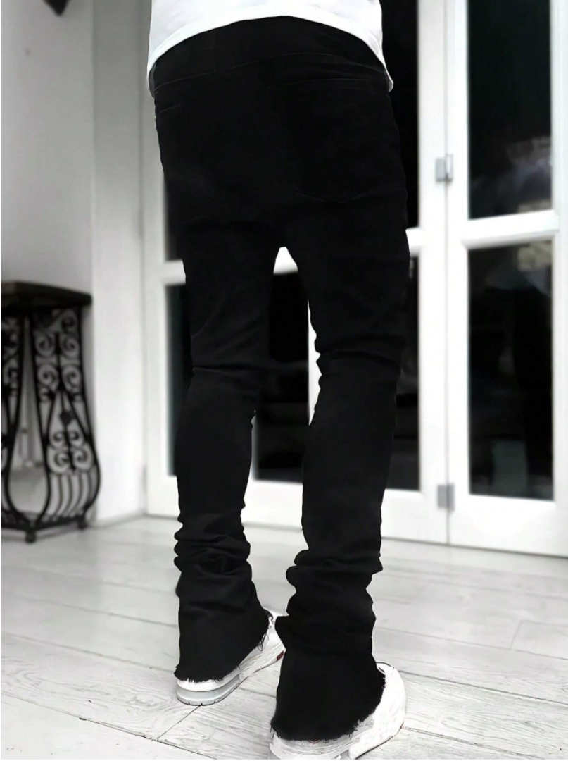 Men's Black Stacked Jeans — Slim Straight Leg, Raw Frayed Hem, view 5