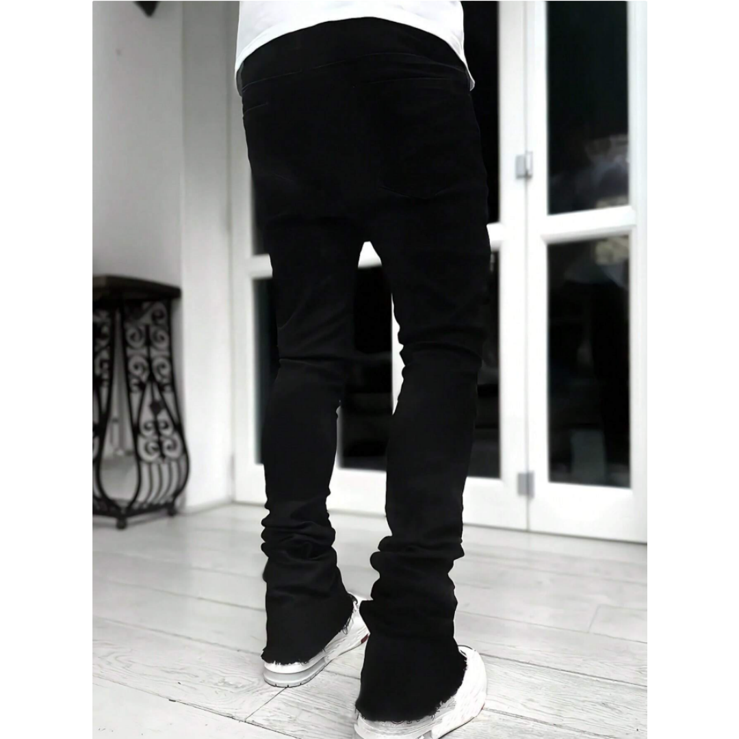 Men's Black Stacked Jeans — Slim Straight Leg, Raw Frayed Hem, view 6