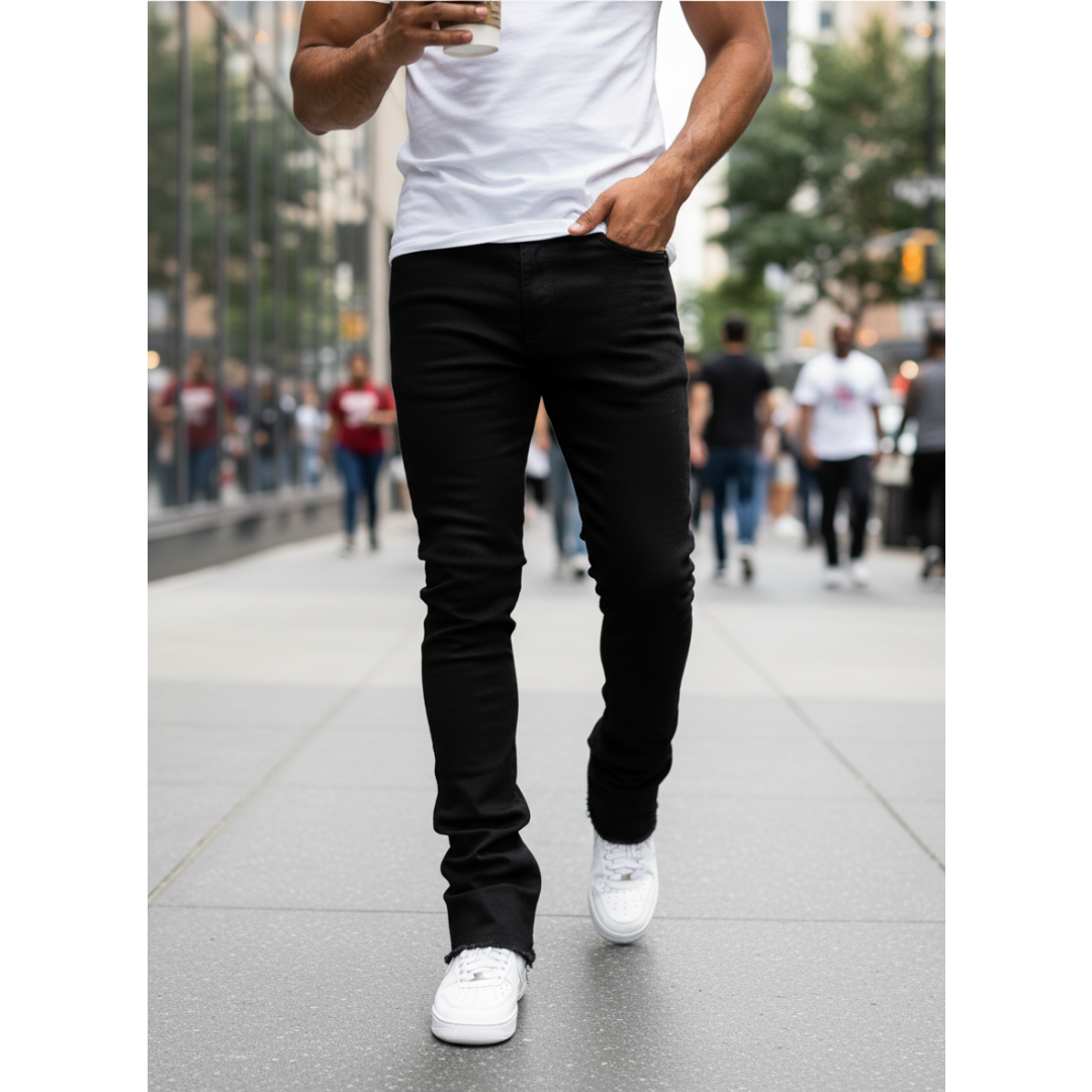 Men's Black Stacked Jeans — Slim Straight Leg, Raw Frayed Hem, view 7