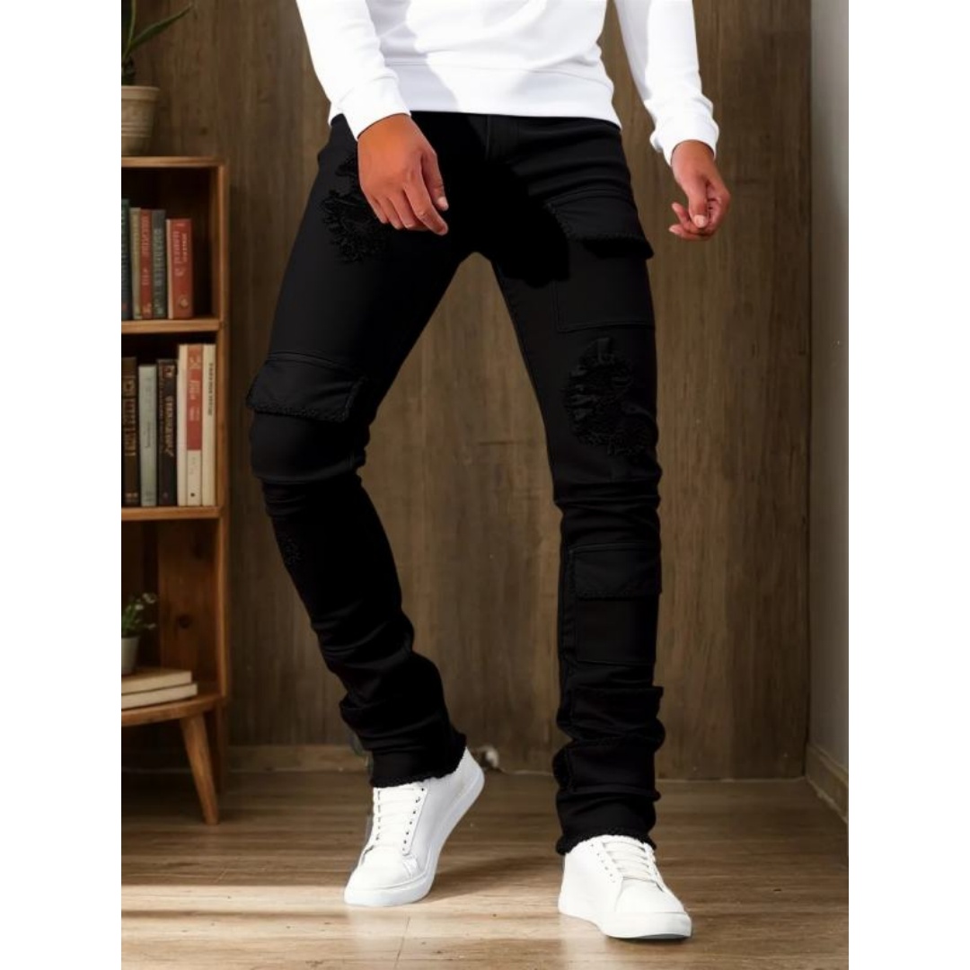 Men's Black Stacked Flare Cargo Jeans — Distressed Patch Pockets - XXL, view 4