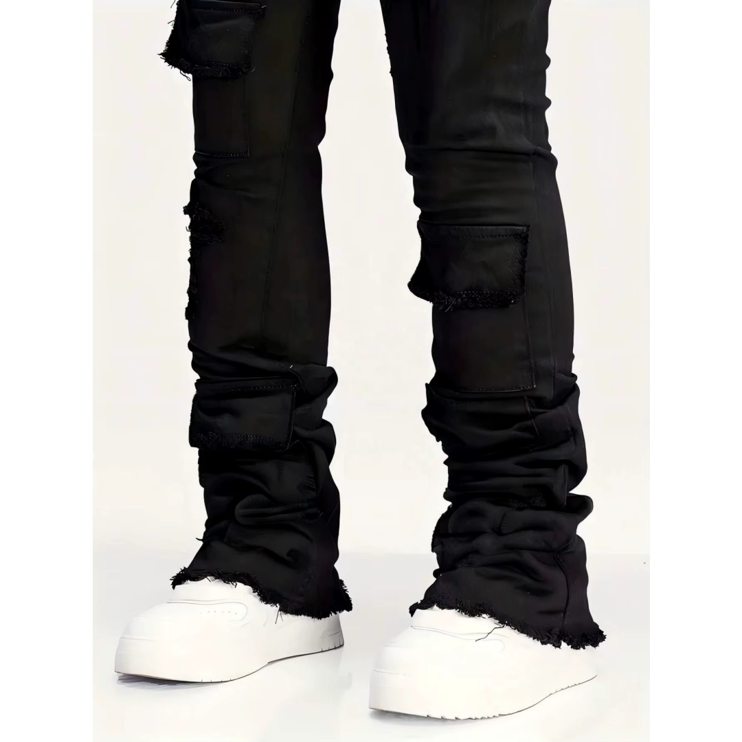 Men's Black Stacked Flare Cargo Jeans — Distressed Patch Pockets - XXL, view 2