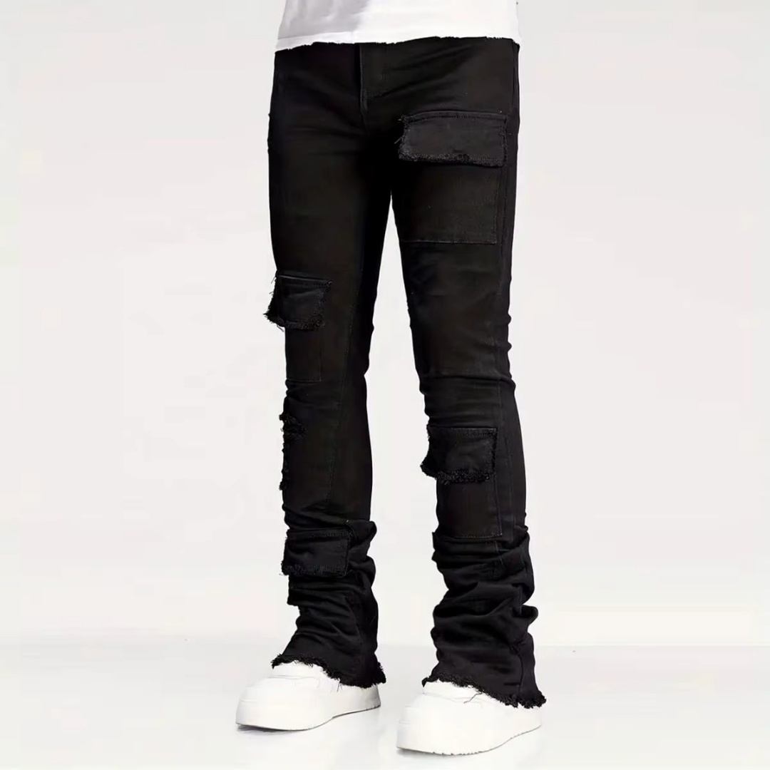 Men's Black Stacked Flare Cargo Jeans — Distressed Patch Pockets - XXL, view 7