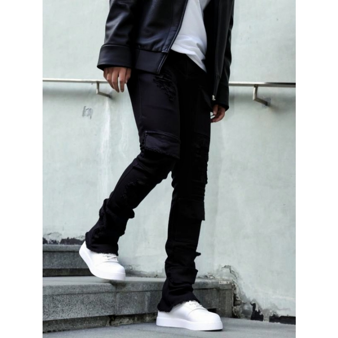 Men's Black Stacked Flare Cargo Jeans — Distressed Patch Pockets - XXL, view 6
