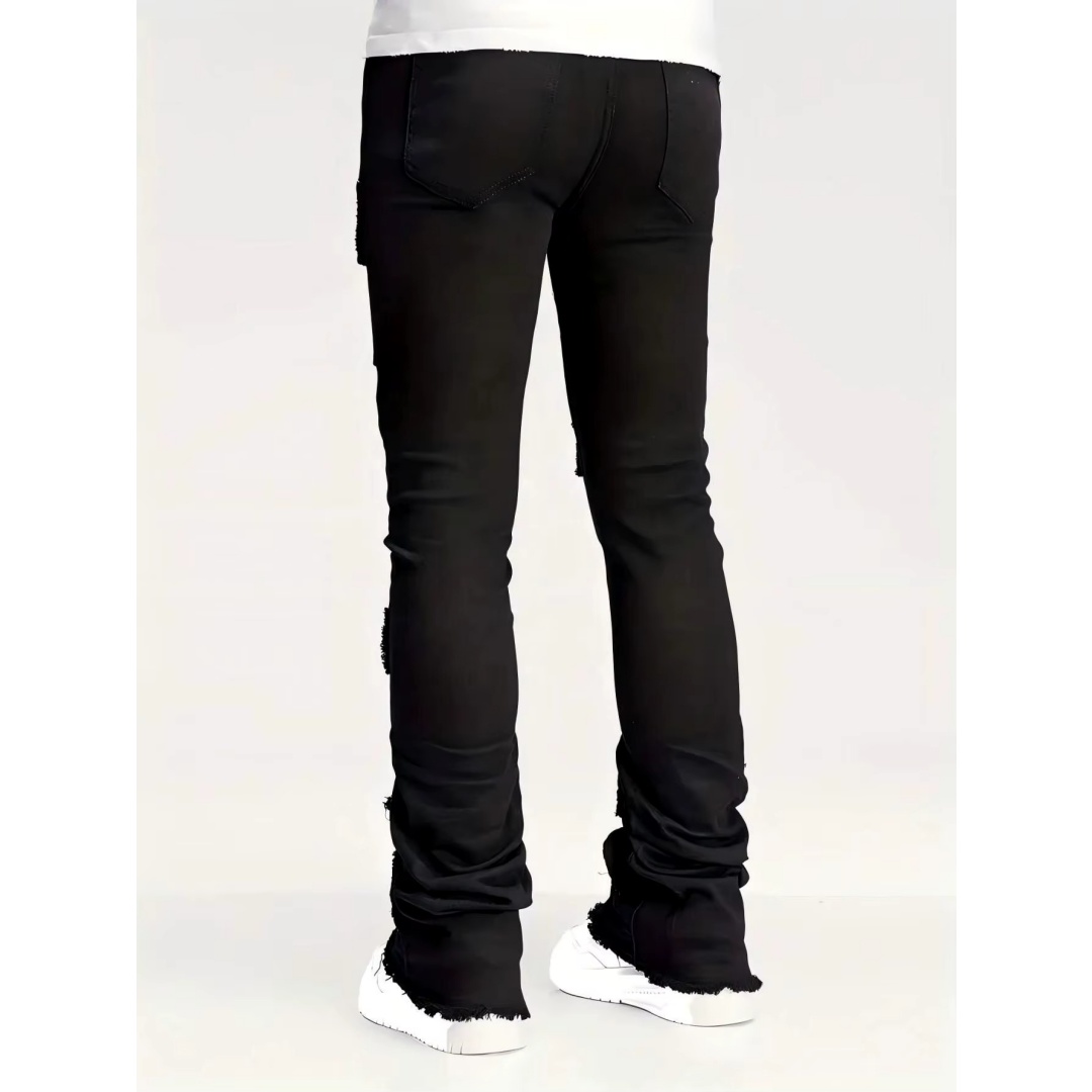 Men's Black Stacked Flare Cargo Jeans — Distressed Patch Pockets - XXL, view 3