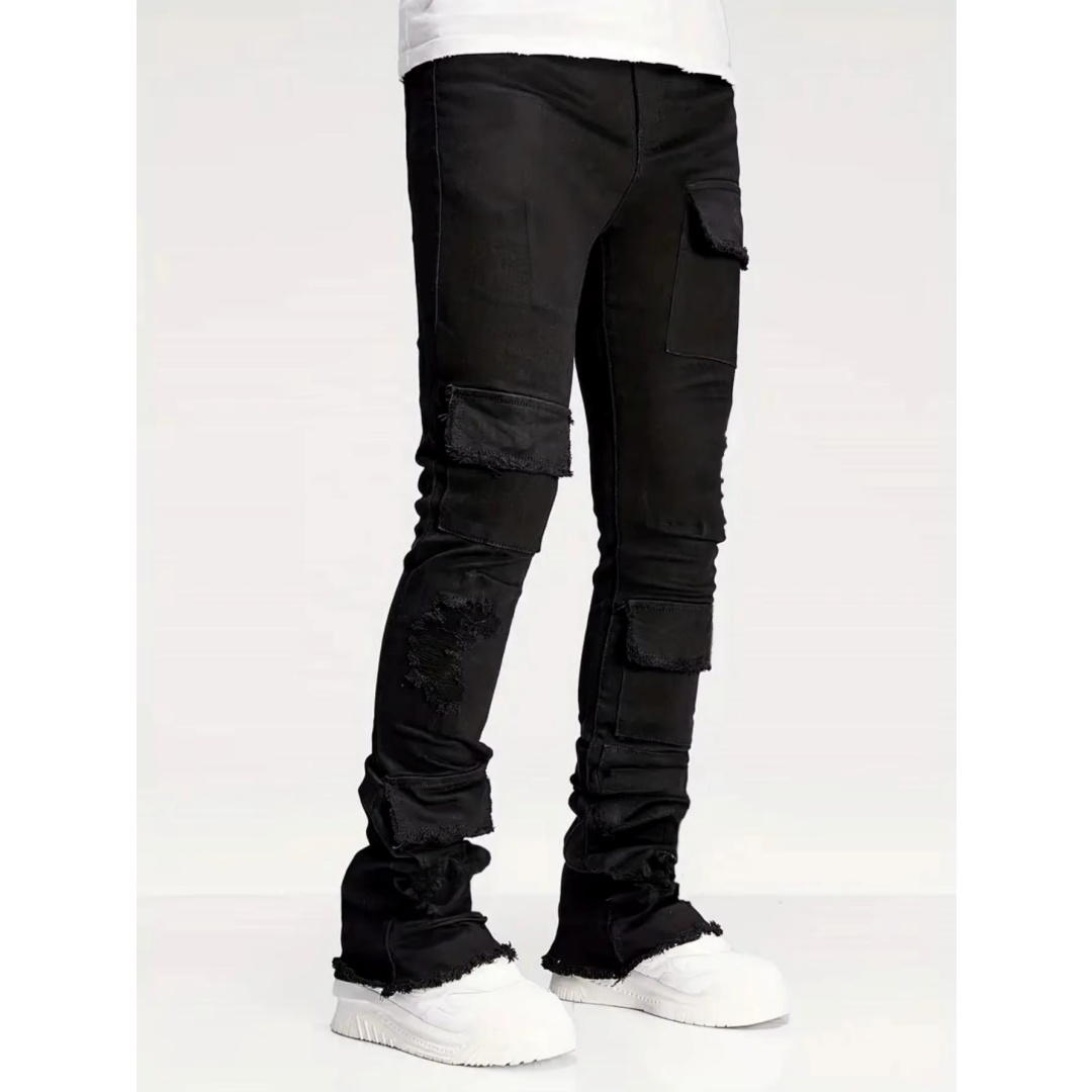Men's Black Stacked Flare Cargo Jeans — Distressed Patch Pockets - XXL