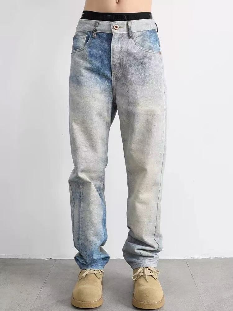 Men's Acid Wash Straight Leg Stretch Jeans — Cloud Faded Blue - Sizes M, XXL