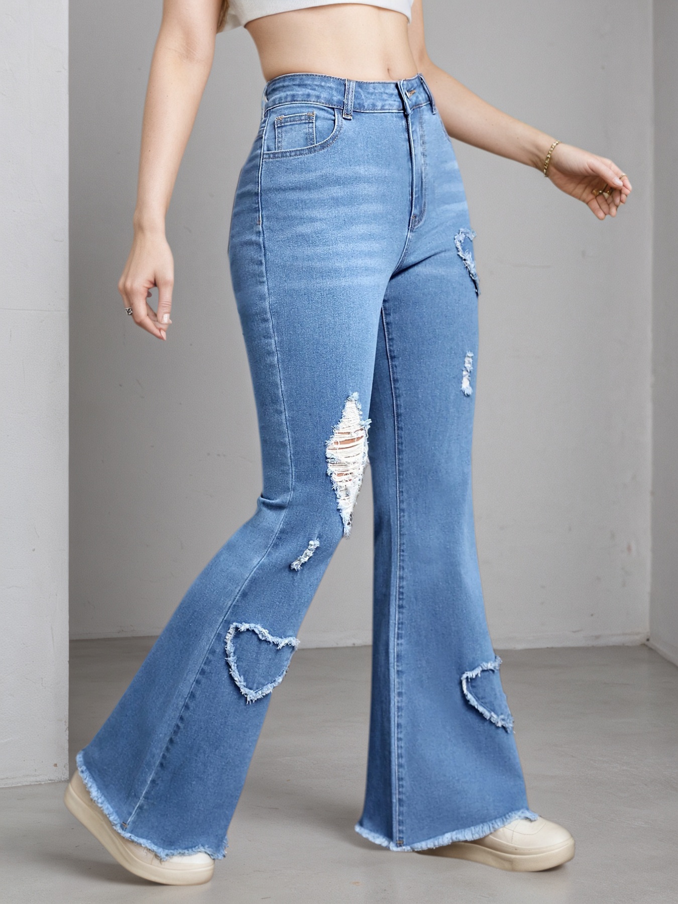 Women's Light Blue Heart Patch Flare Jeans — Distressed Raw-Hem Bell Bottoms, view 2