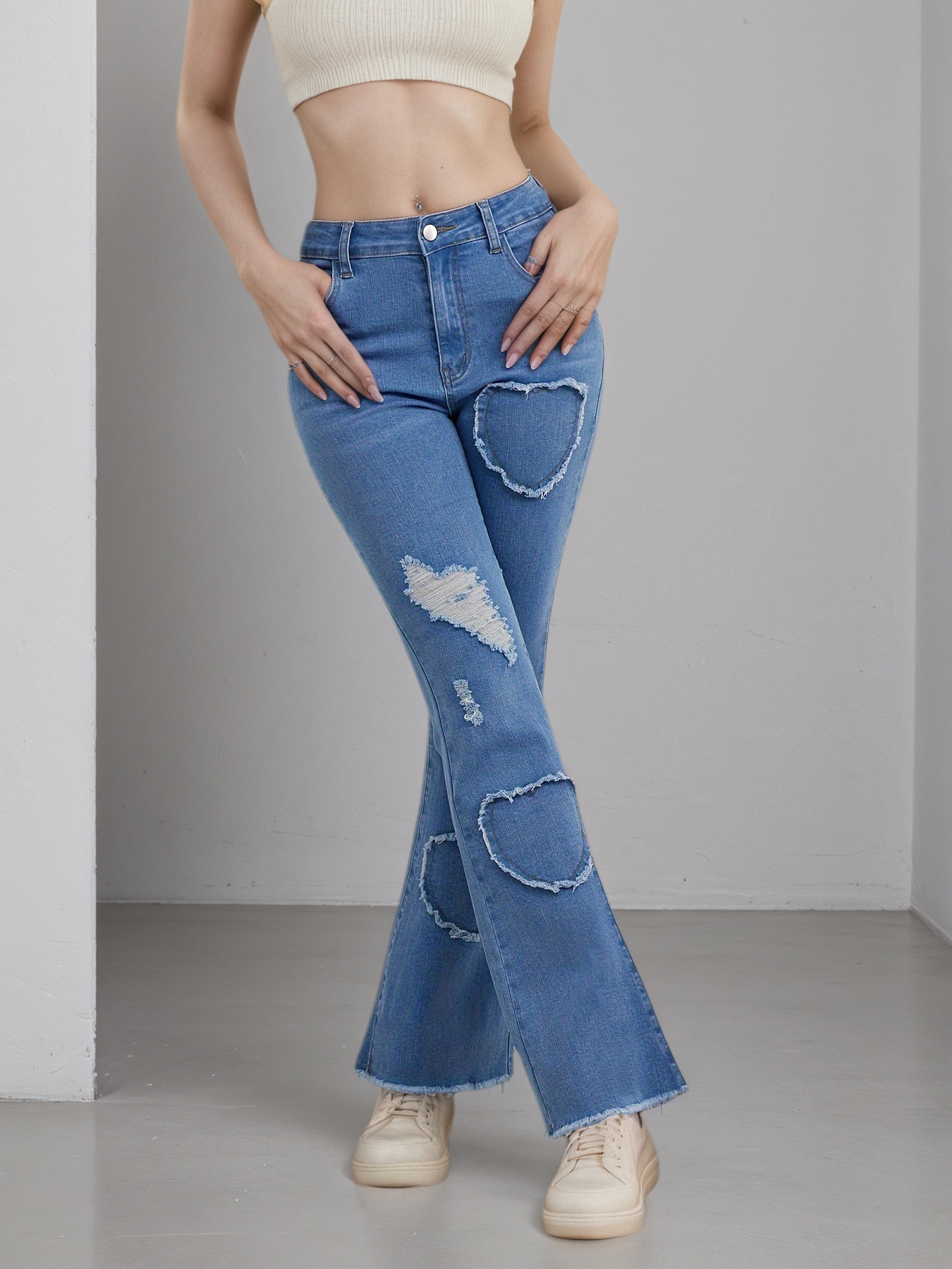 Women's Light Blue Heart Patch Flare Jeans — Distressed Raw-Hem Bell Bottoms, view 3