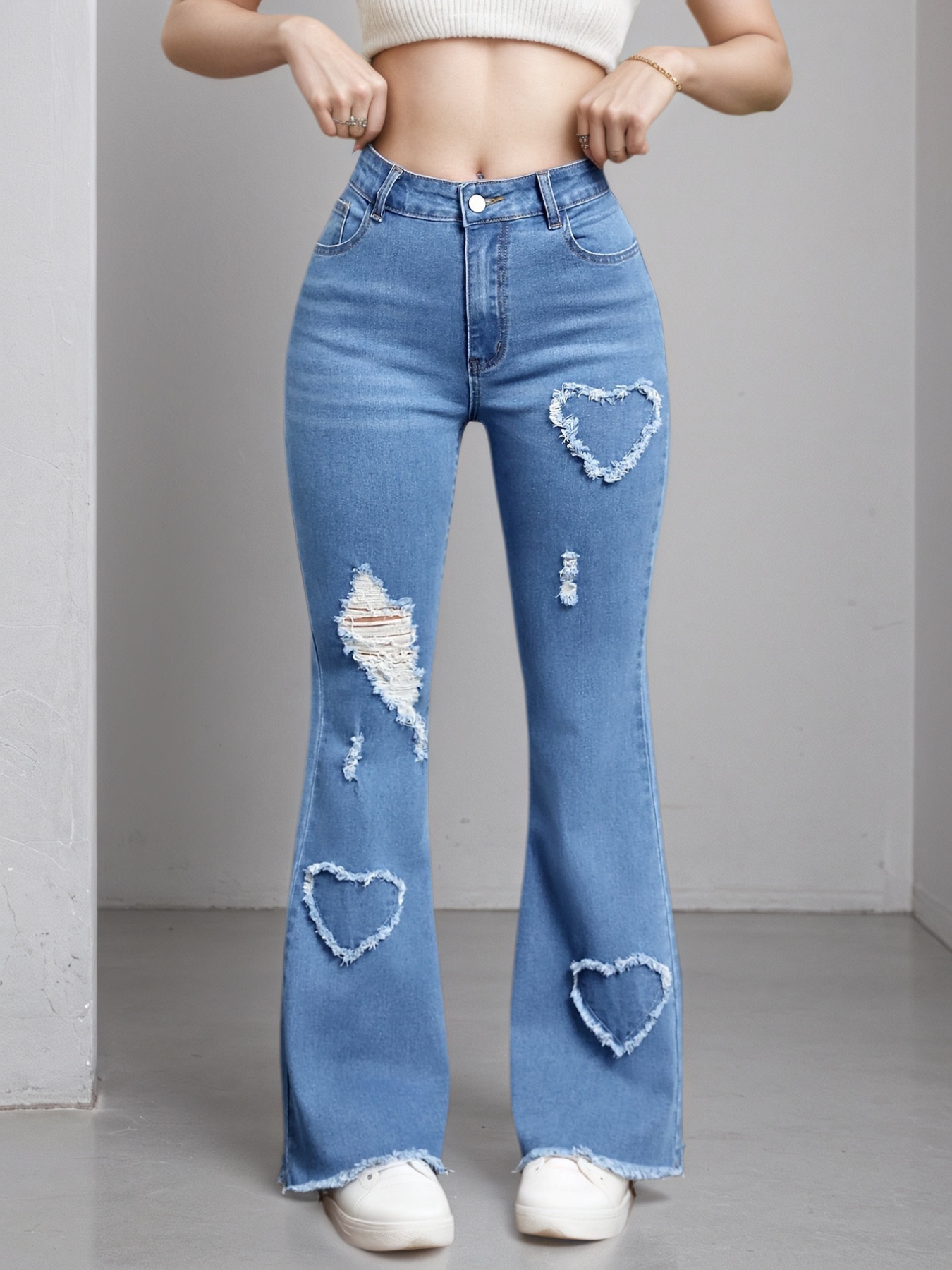 Women's Light Blue Heart Patch Flare Jeans — Distressed Raw-Hem Bell Bottoms