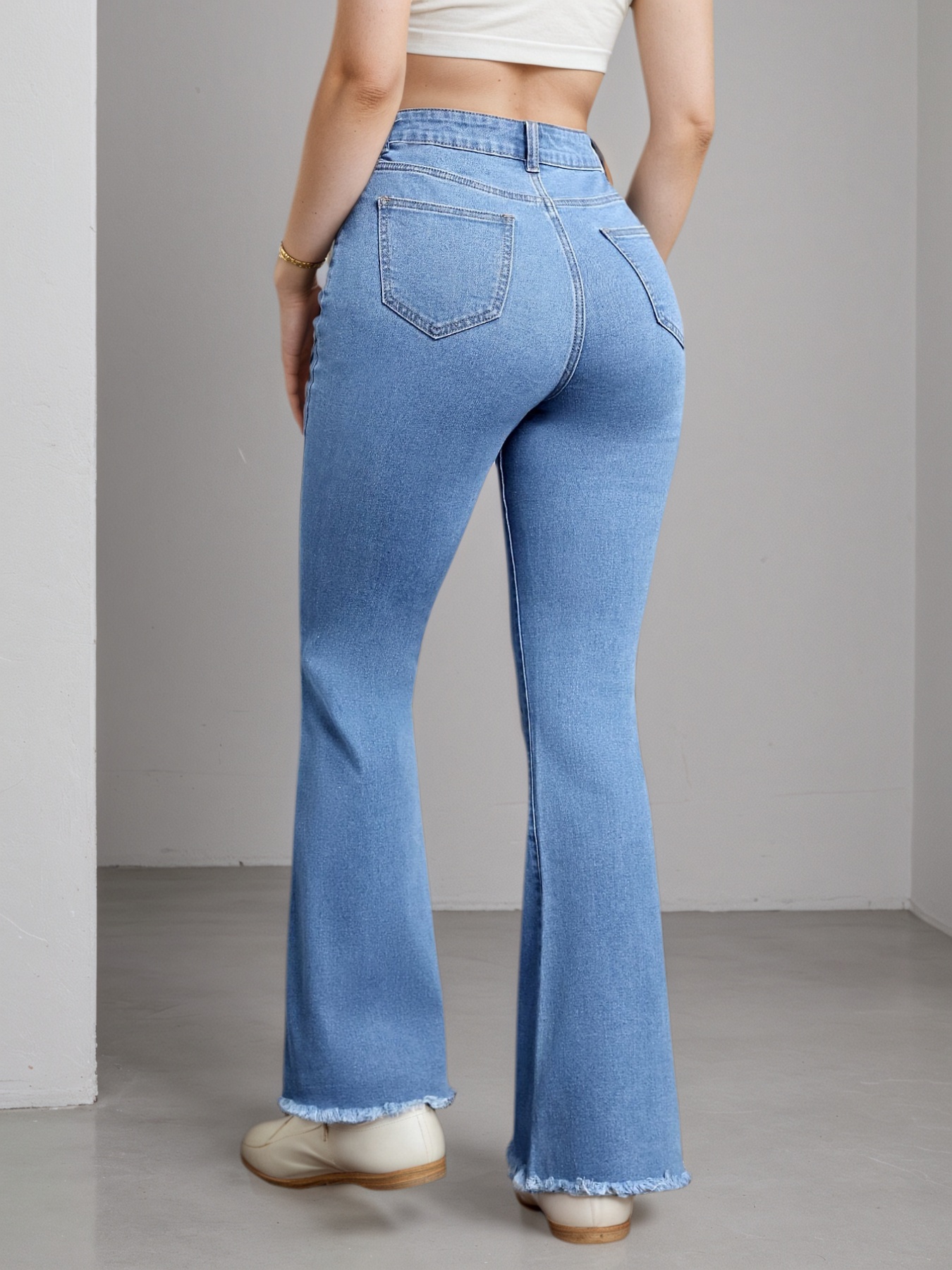 Women's Light Blue Heart Patch Flare Jeans — Distressed Raw-Hem Bell Bottoms, view 4