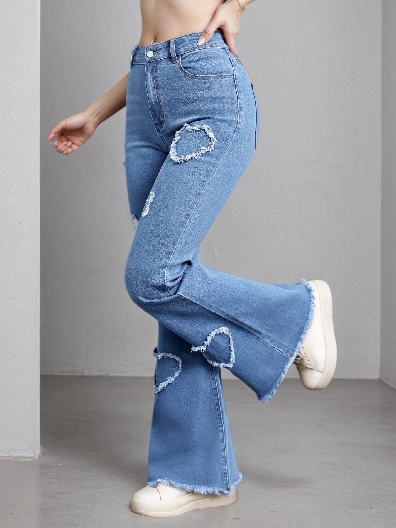 Women's Light Blue Heart Patch Flare Jeans — Distressed Raw-Hem Bell Bottoms, view 5