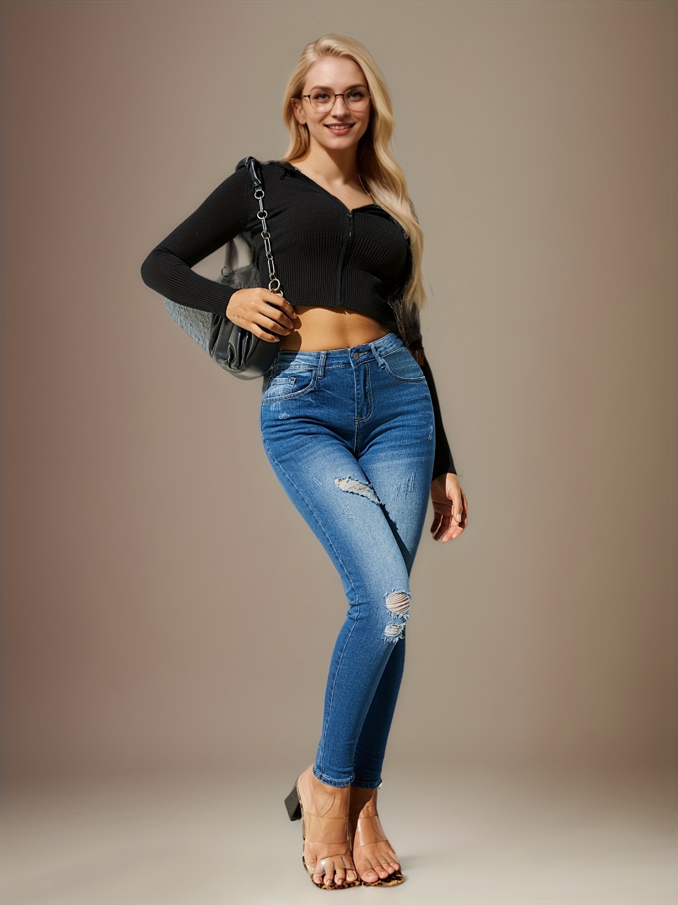 Distressed Skinny Jeans for Women — Raw Hem, Stretch Mid-Blue Denim, view 3