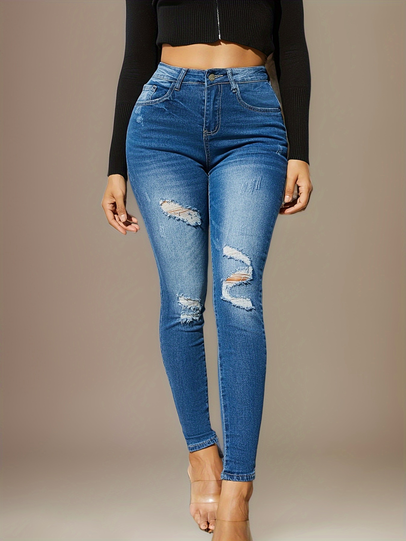 Distressed Skinny Jeans for Women — Raw Hem, Stretch Mid-Blue Denim