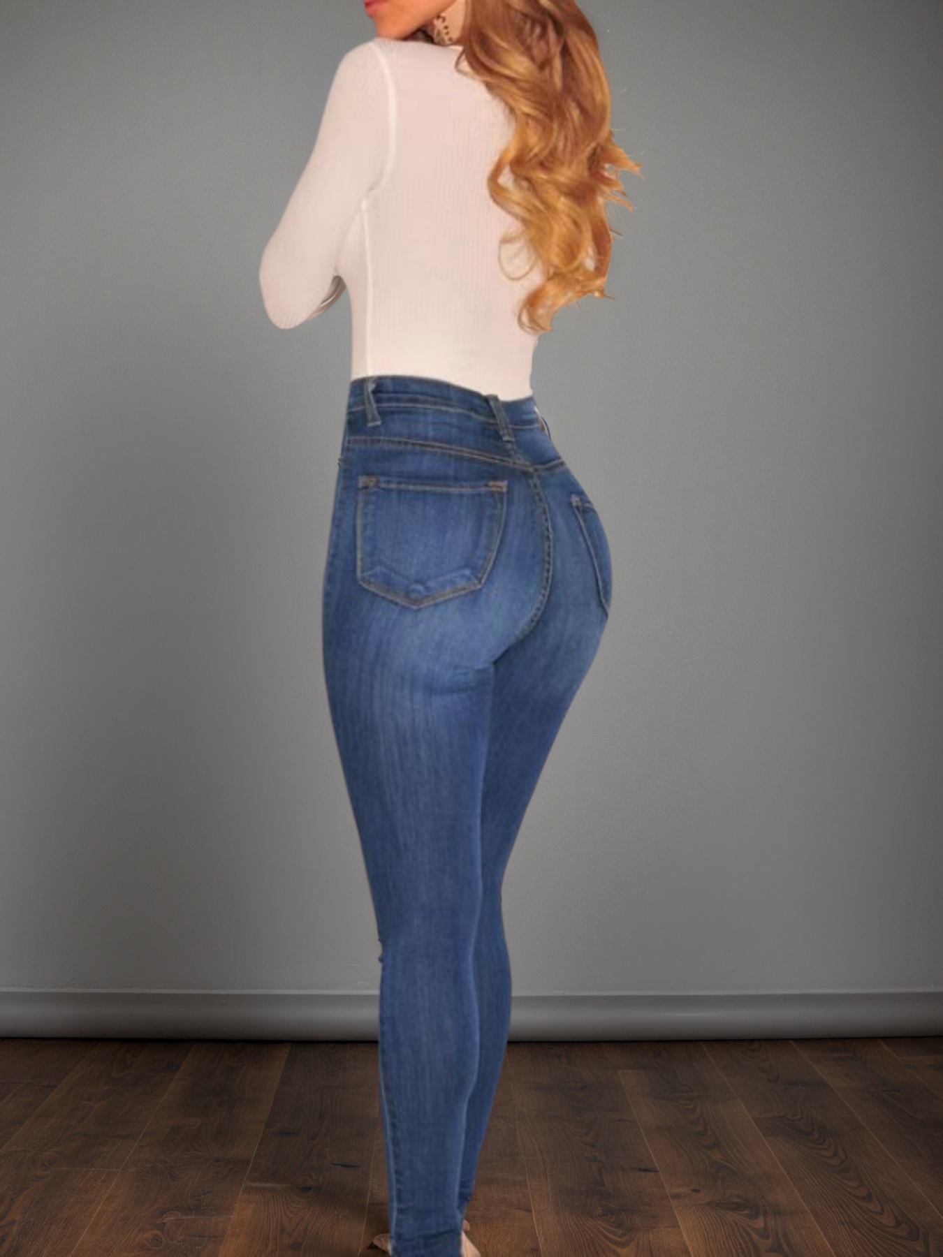 High Rise Button-Fly Skinny Jeans in Mid Blue Stretch Denim - Sizes S, XXL, view 2