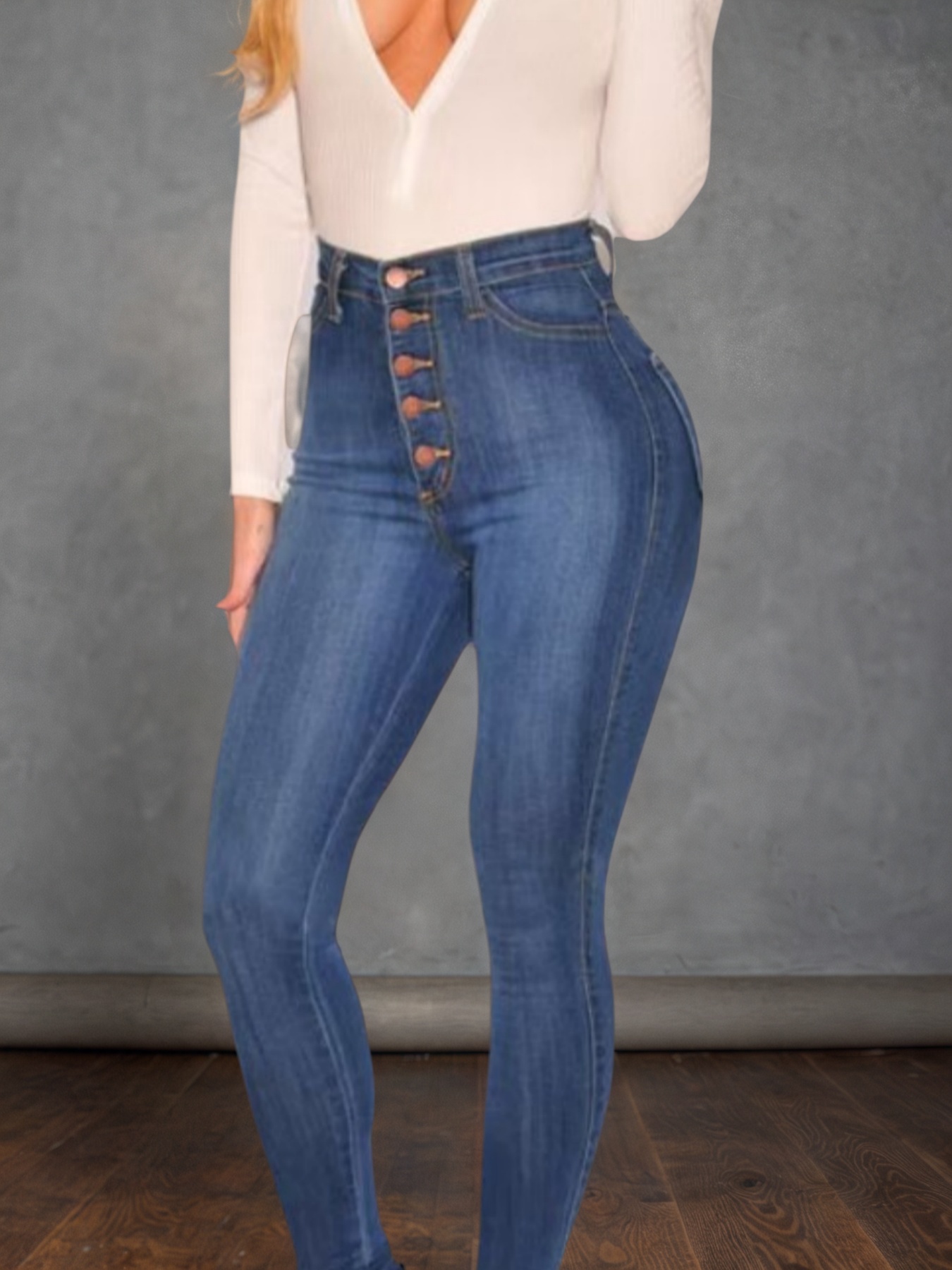 High Rise Button-Fly Skinny Jeans in Mid Blue Stretch Denim - Sizes S, XXL, view 3