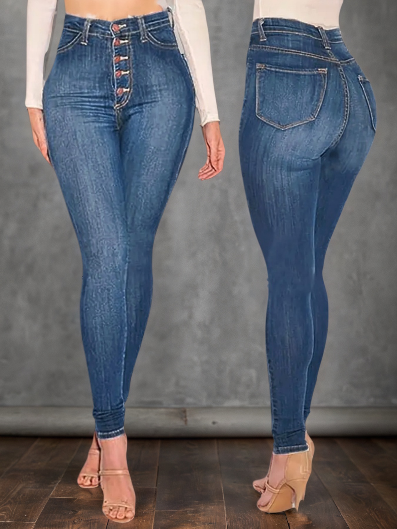 High Rise Button-Fly Skinny Jeans in Mid Blue Stretch Denim - Sizes S, XXL, view 4