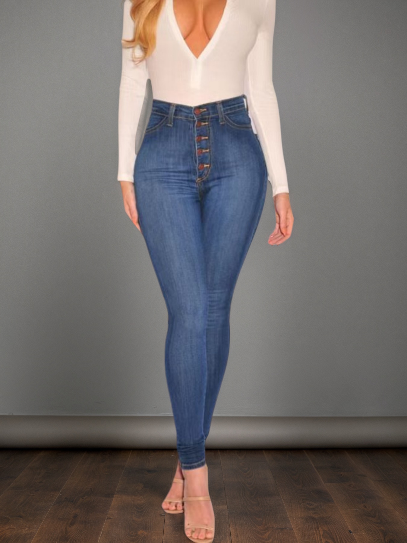 High Rise Button-Fly Skinny Jeans in Mid Blue Stretch Denim - Sizes S, XXL