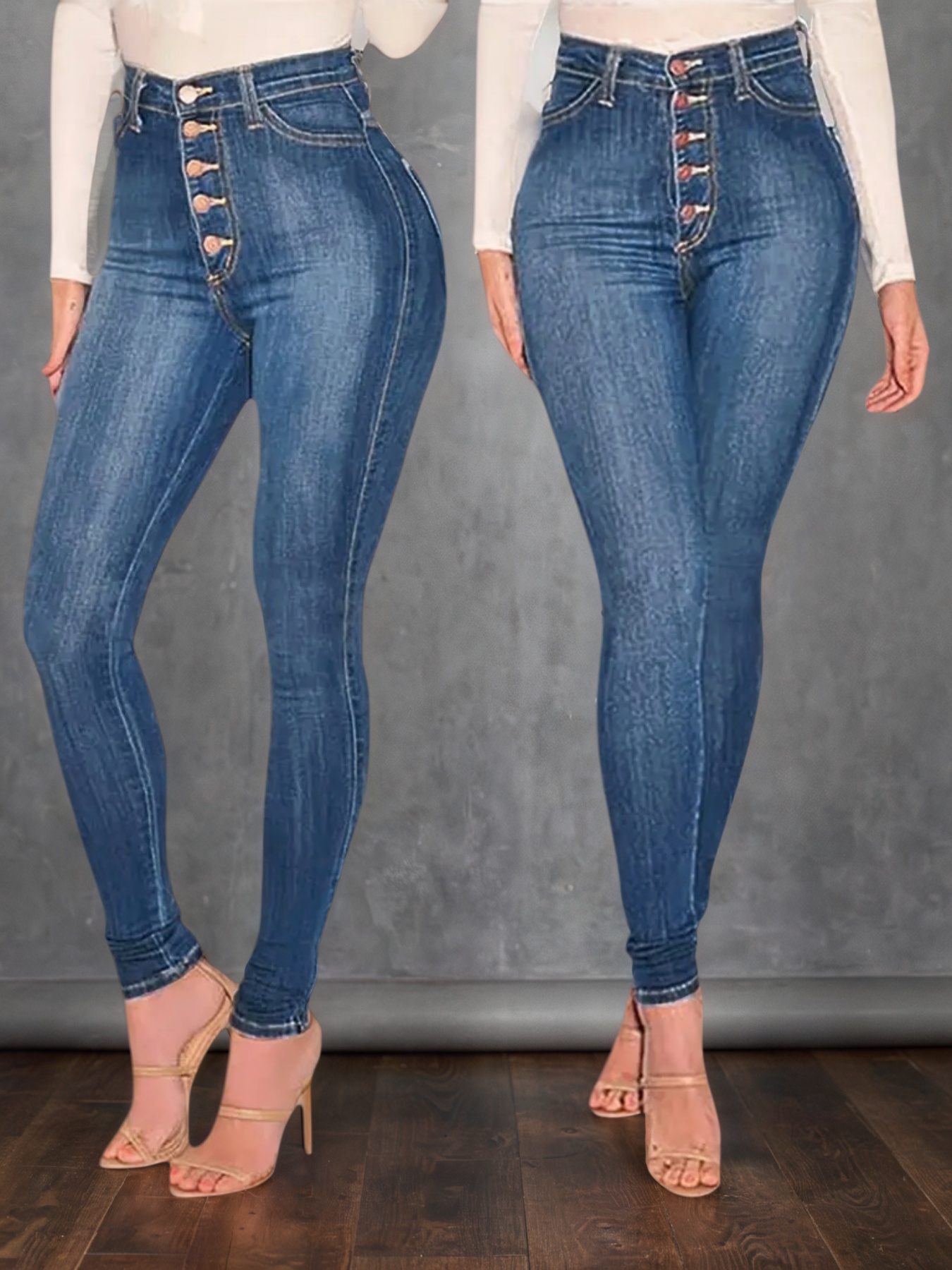 High Rise Button-Fly Skinny Jeans in Mid Blue Stretch Denim - Sizes S, XXL, view 5