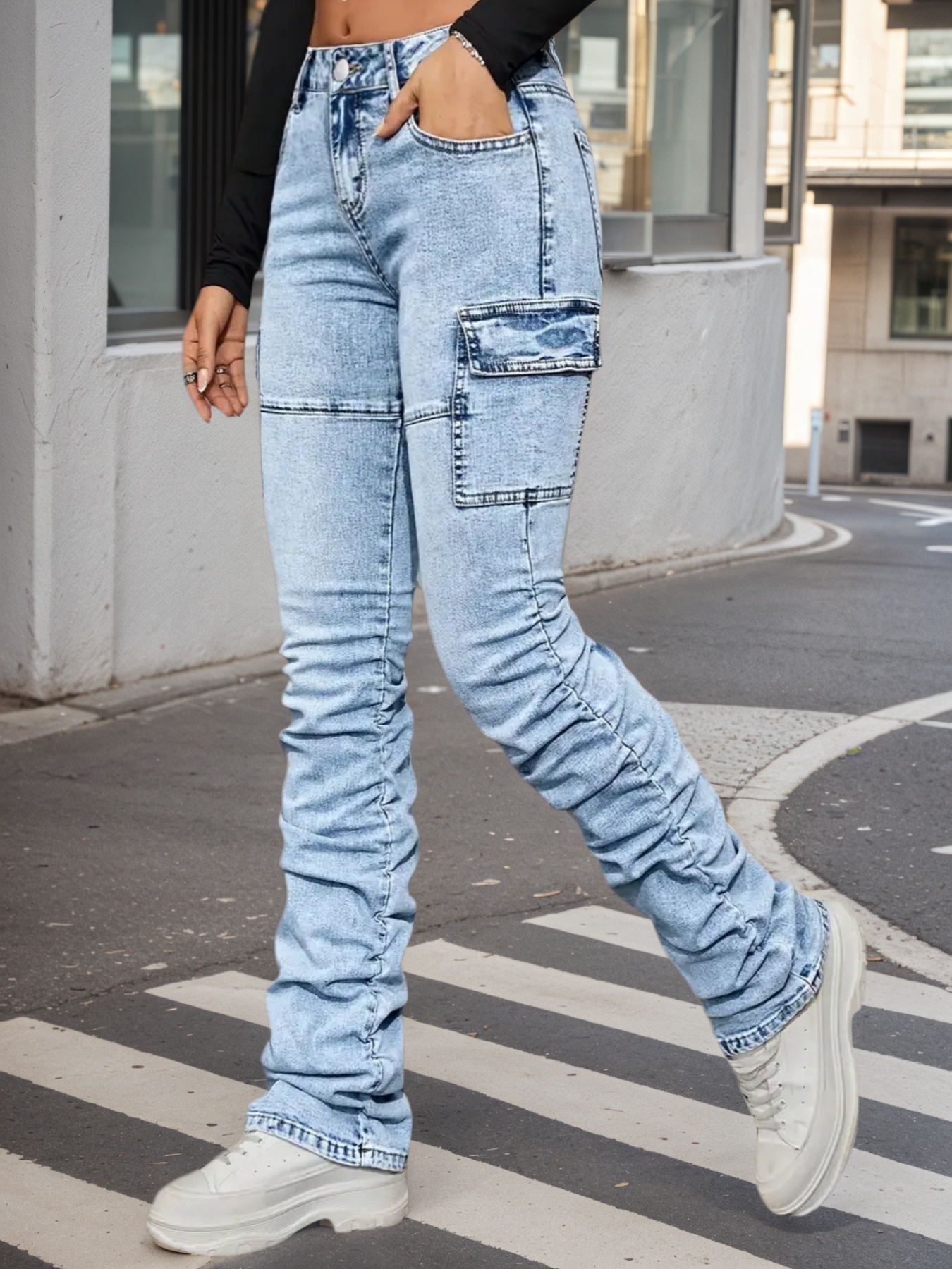 Women's High Waist Stacked Cargo Jeans — Light Wash Ruched Flare, view 3