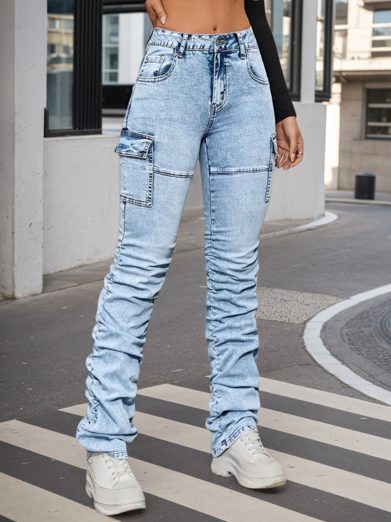 Women's High Waist Stacked Cargo Jeans — Light Wash Ruched Flare, view 4