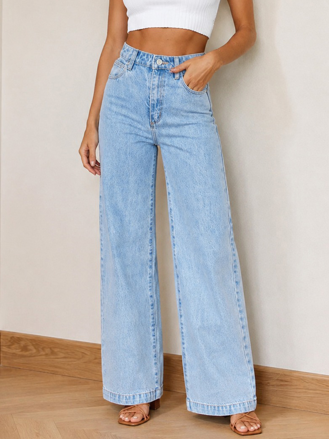Women's Light Wash Wide-Leg Jeans — Mid-Rise, Five-Pocket Denim, view 4