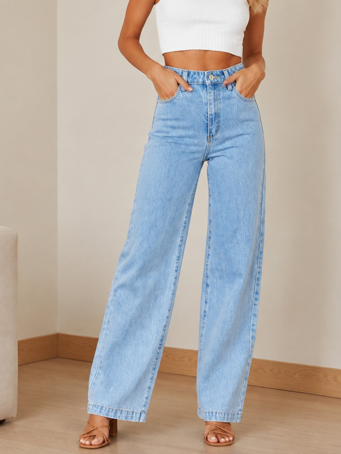 Women's Light Wash Wide-Leg Jeans — Mid-Rise, Five-Pocket Denim, view 5