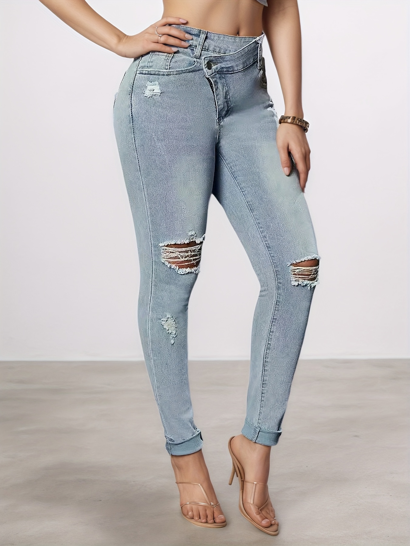 Women's Asymmetric V-Waist Stretch Skinny Jeans, Stretched Ripped Light Wash Denim, view 3