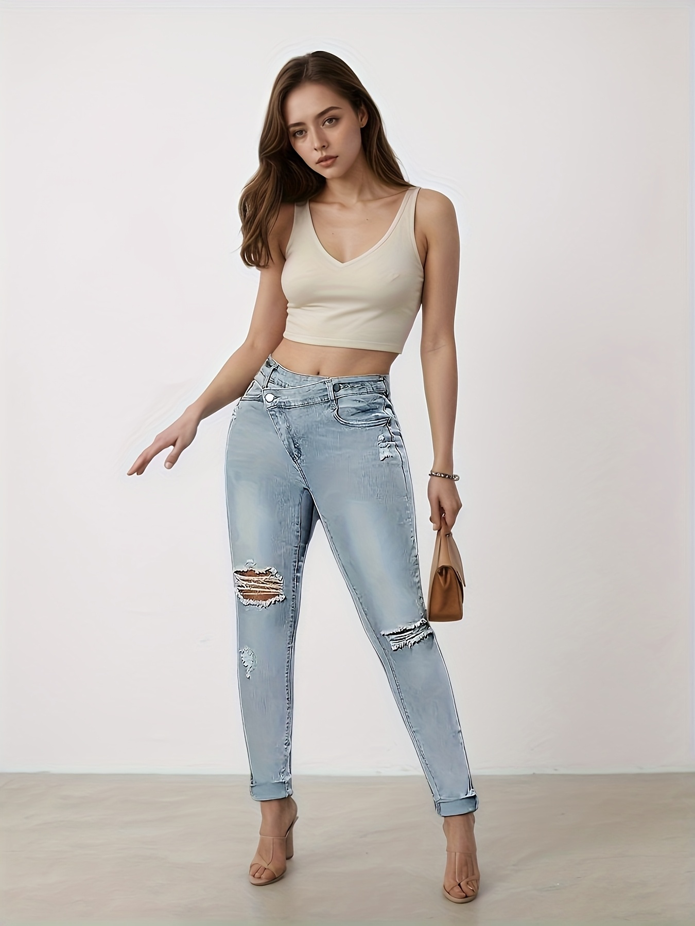 Women's Asymmetric V-Waist Stretch Skinny Jeans, Stretched Ripped Light Wash Denim