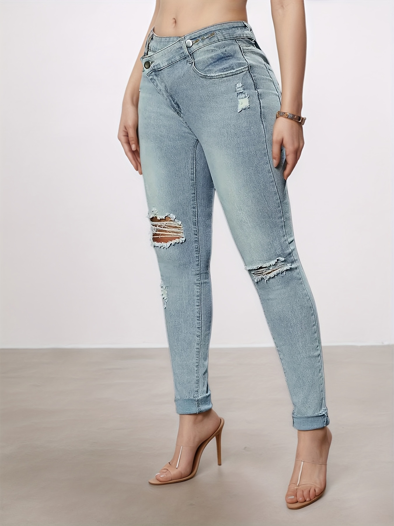 Women's Asymmetric V-Waist Stretch Skinny Jeans, Stretched Ripped Light Wash Denim, view 2