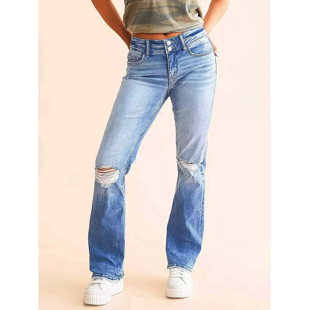 Women's High Waist Double-Button Ripped Flare Jeans, Light Wash, view 3