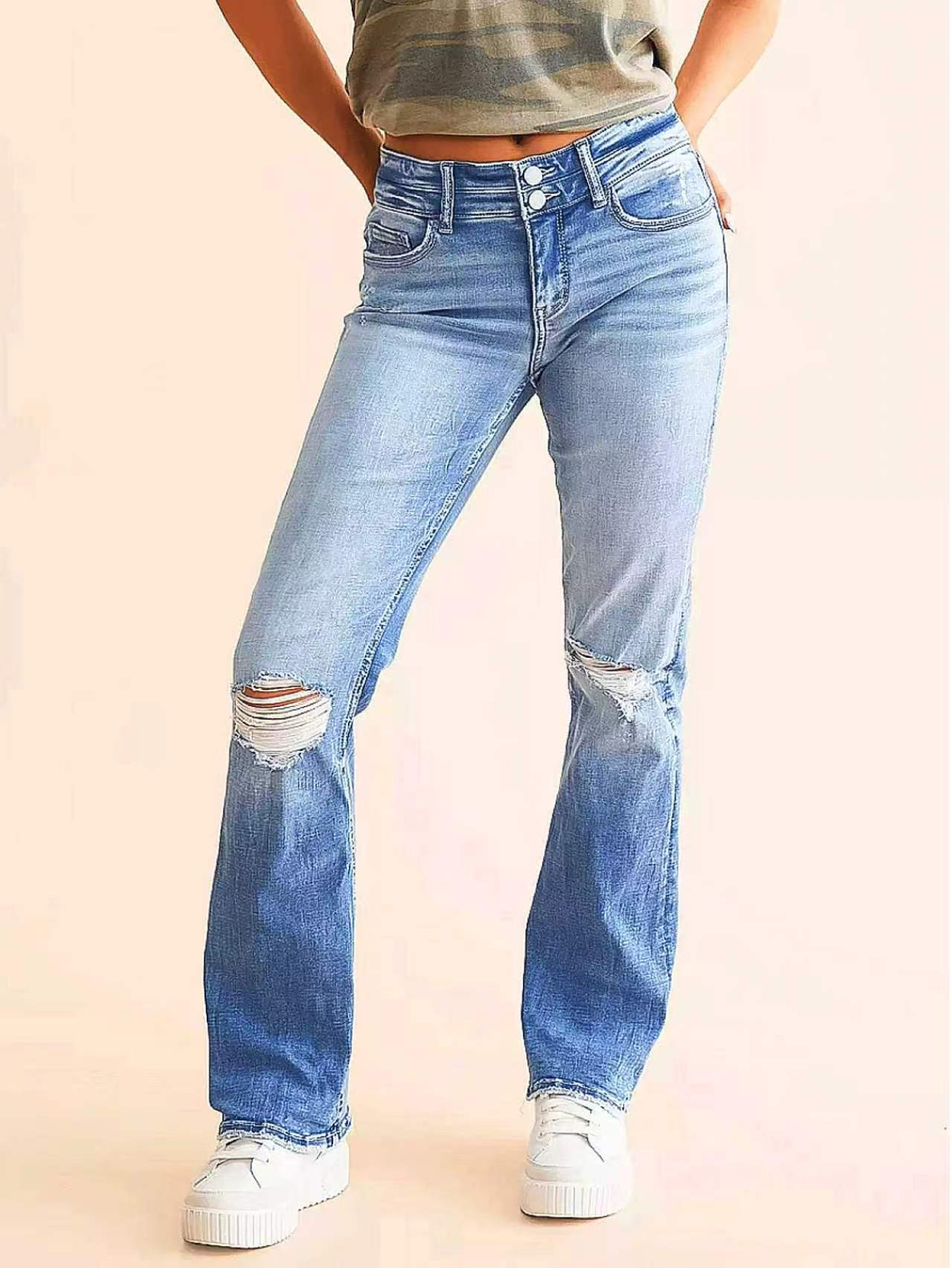 Women's High Waist Double-Button Ripped Flare Jeans, Light Wash, view 5