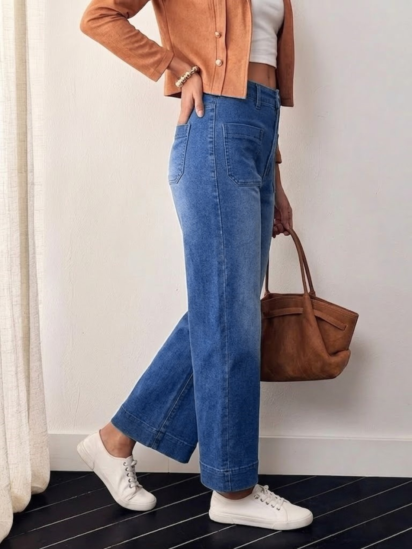 Women's Patch Pocket Wide-Leg Cropped Jeans — High Waist Mid-Blue Denim, view 2