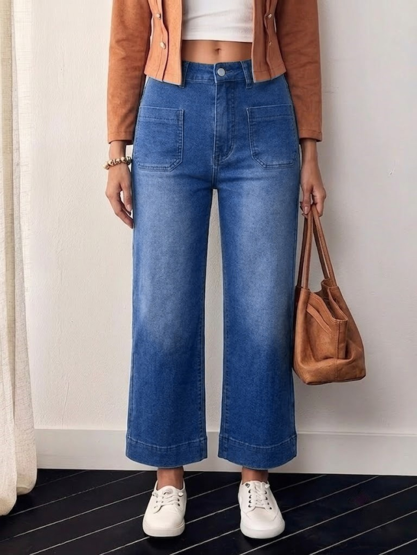 Women's Patch Pocket Wide-Leg Cropped Jeans — High Waist Mid-Blue Denim, view 3