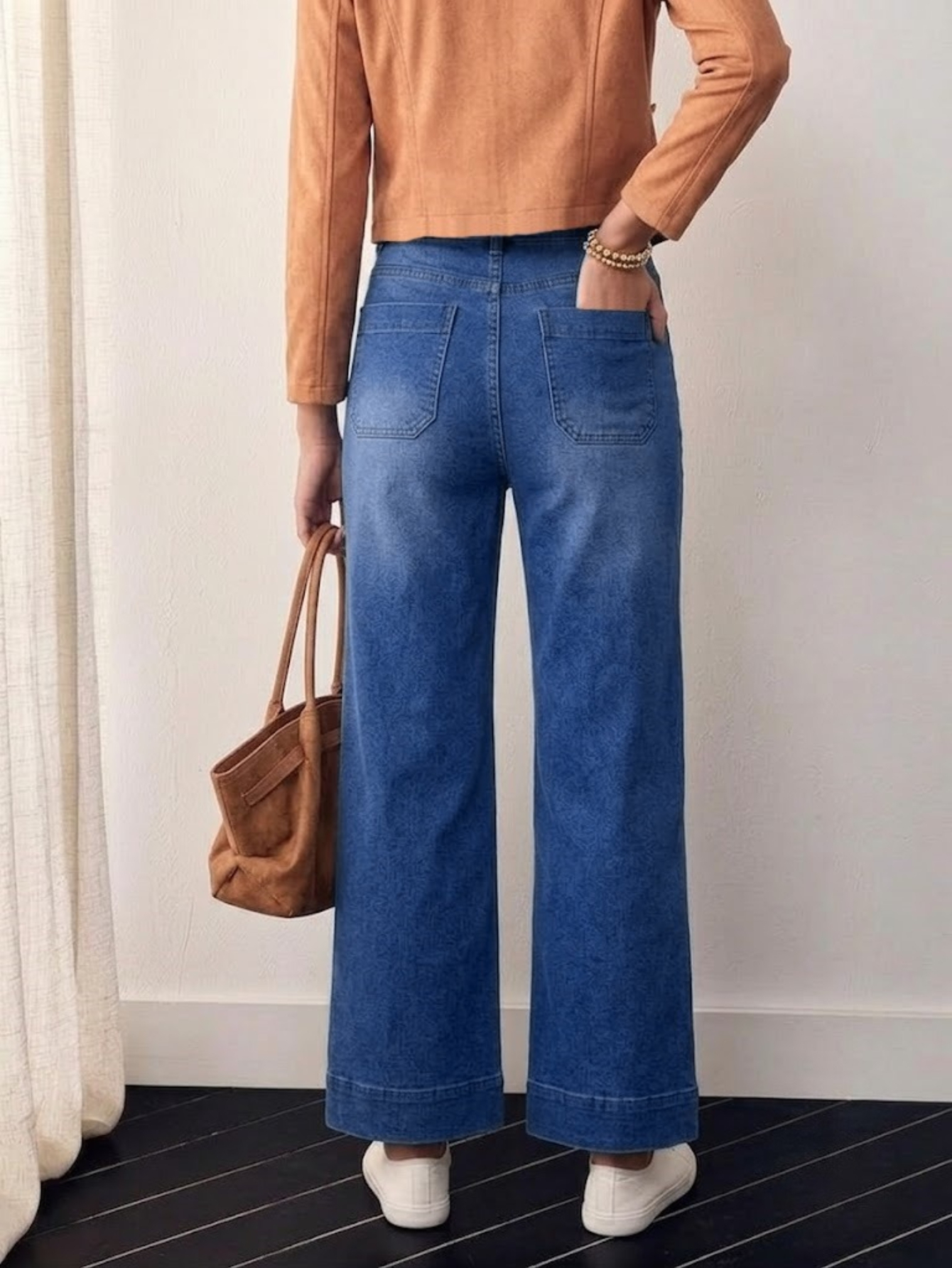 Women's Patch Pocket Wide-Leg Cropped Jeans — High Waist Mid-Blue Denim, view 4