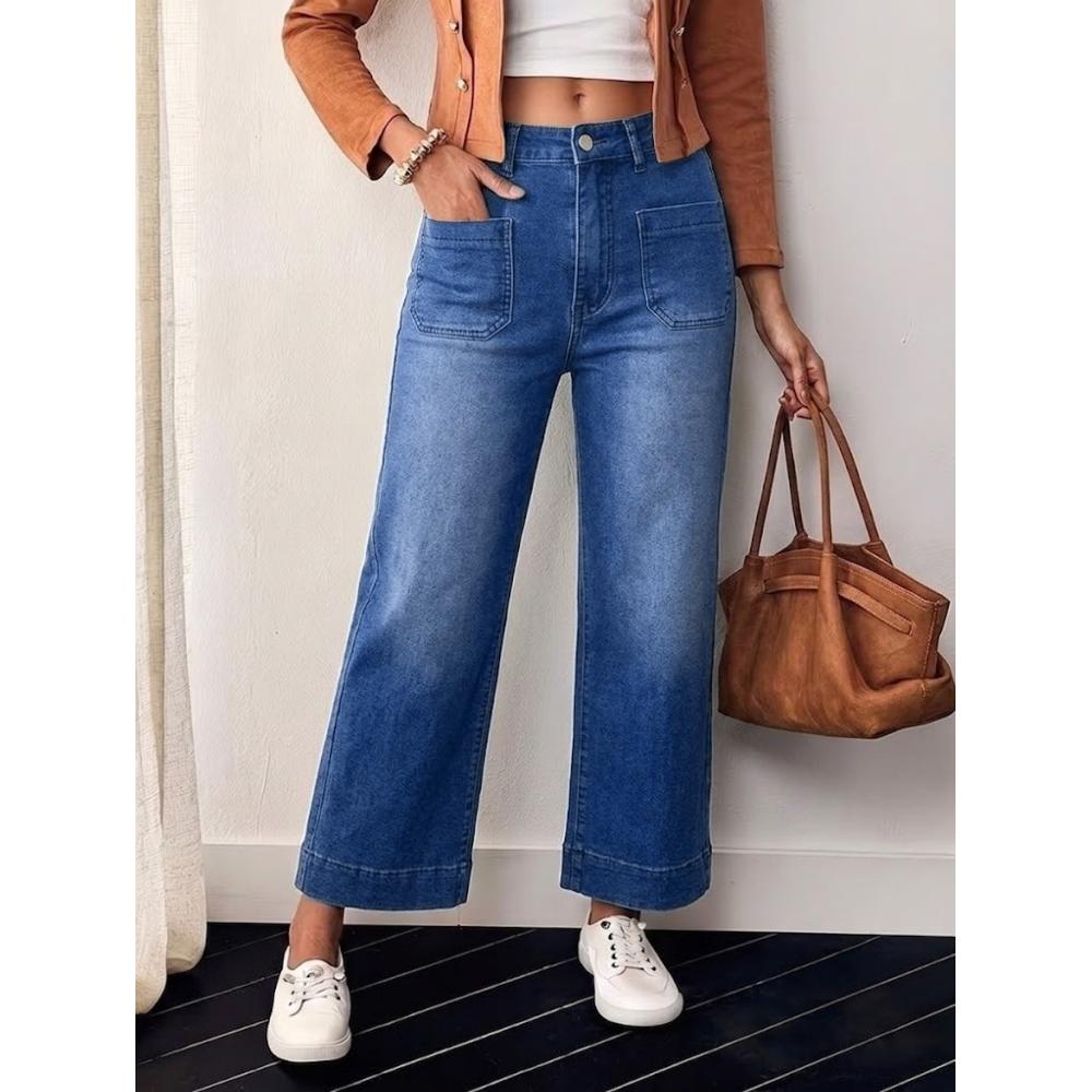 Women's Patch Pocket Wide-Leg Cropped Jeans — High Waist Mid-Blue Denim, view 5