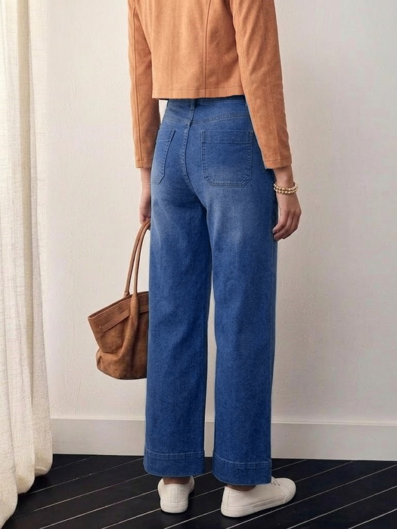 Women's Patch Pocket Wide-Leg Cropped Jeans — High Waist Mid-Blue Denim, view 6