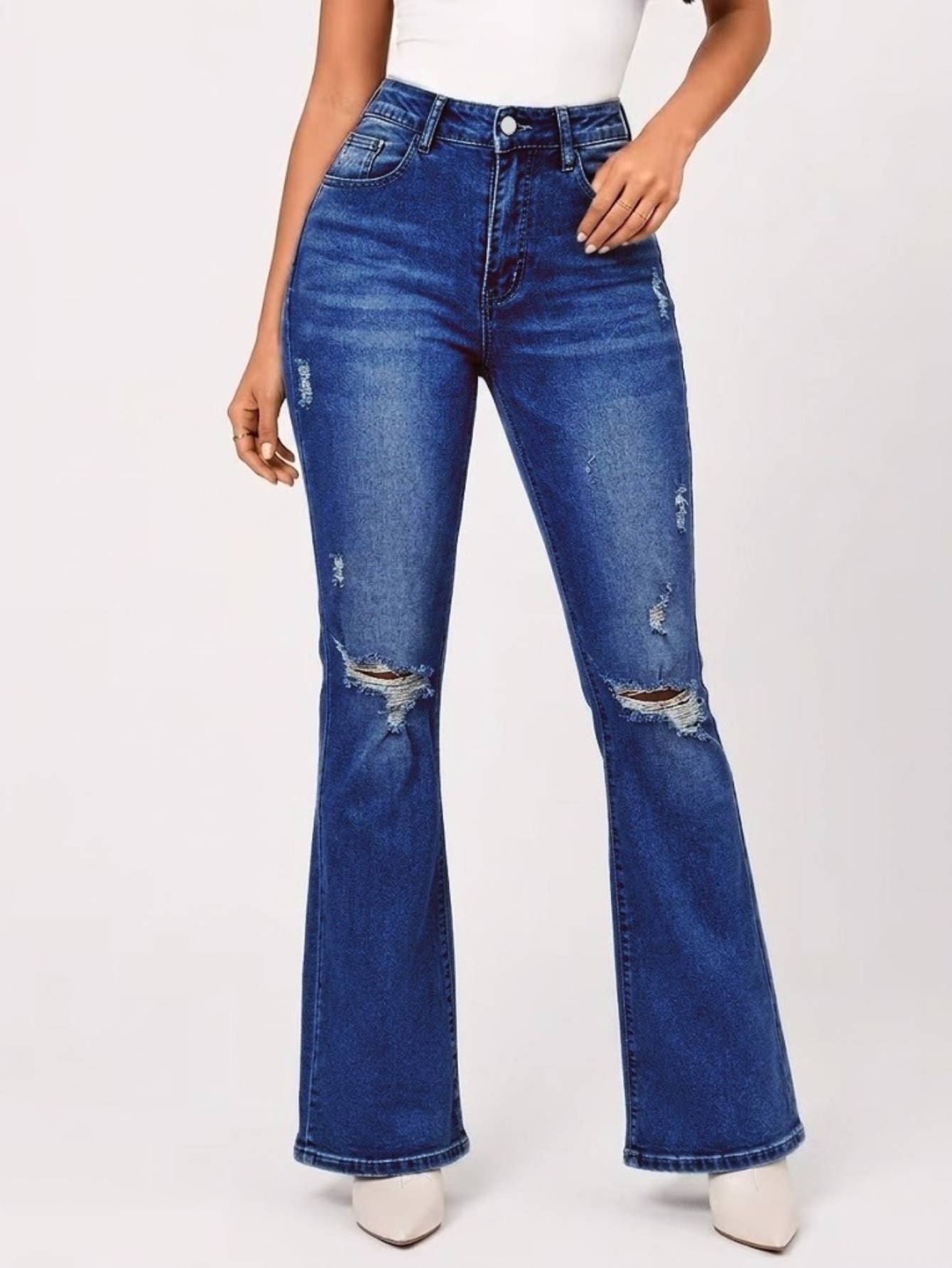 Women's Knee-Flare Bell Bottom Jeans — High Rise Ripped Medium Blue Denim, view 2