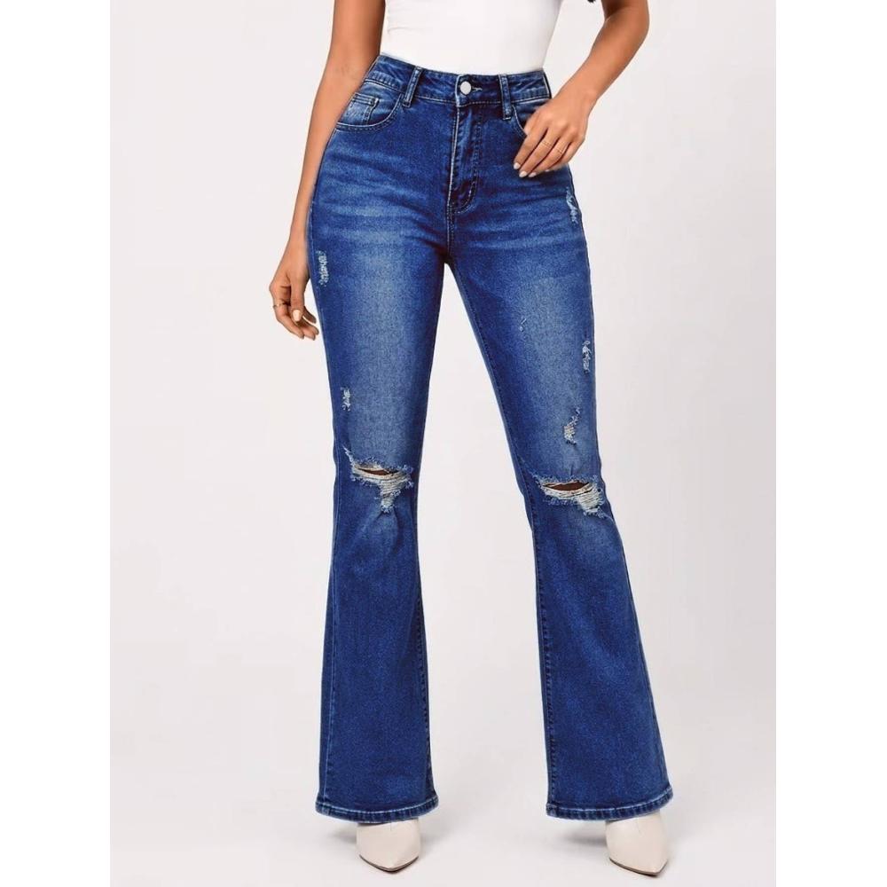 Women's Knee-Flare Bell Bottom Jeans — High Rise Ripped Medium Blue Denim, view 4