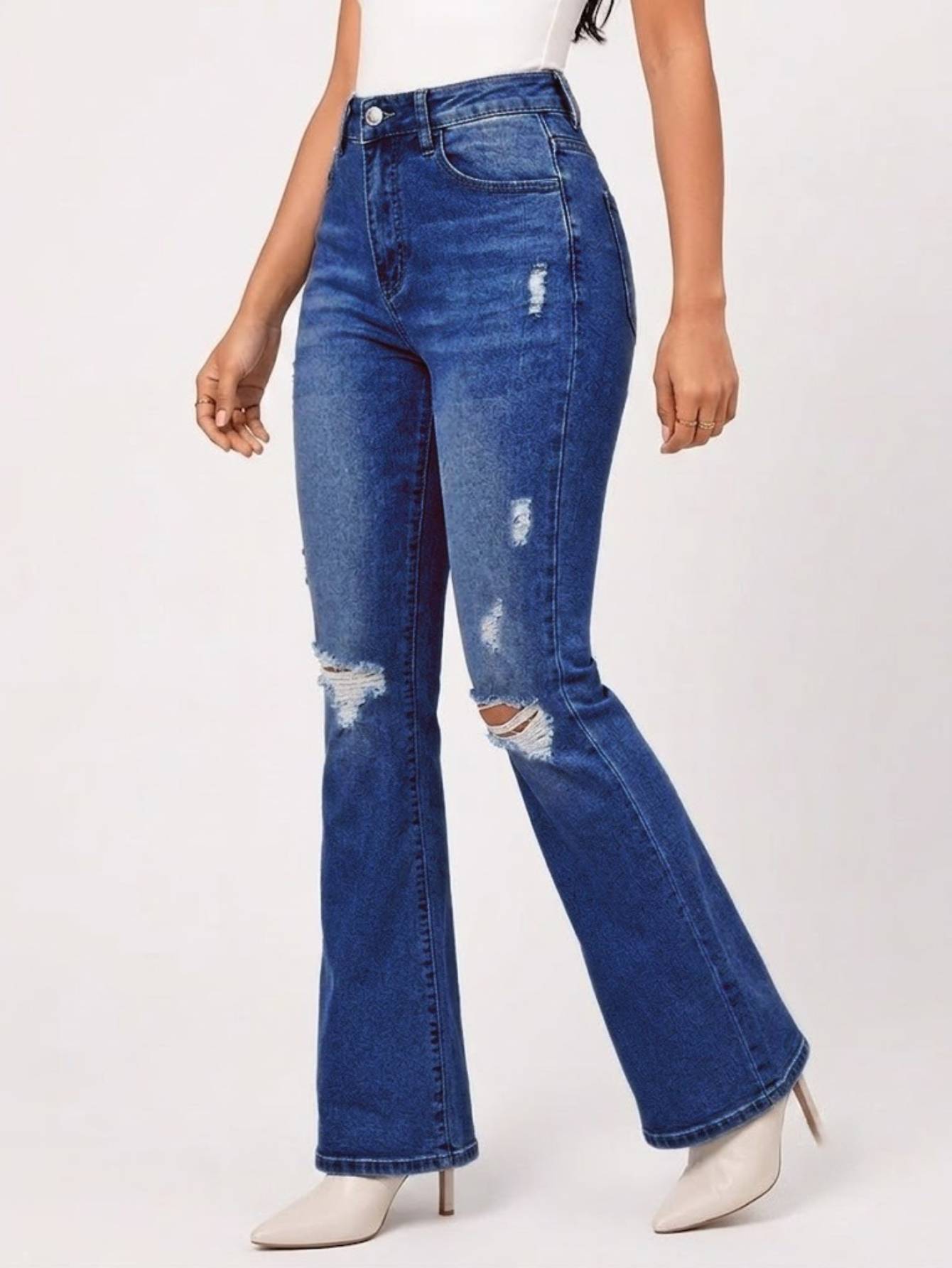 Women's Knee-Flare Bell Bottom Jeans — High Rise Ripped Medium Blue Denim