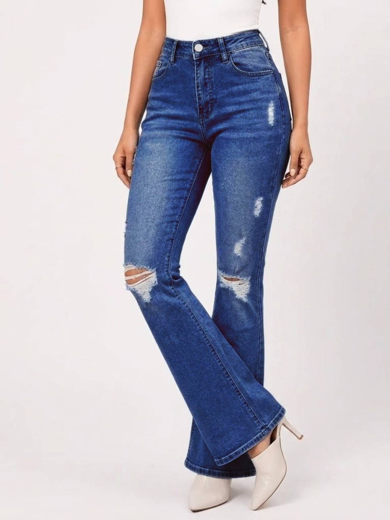 Women's Knee-Flare Bell Bottom Jeans — High Rise Ripped Medium Blue Denim, view 5