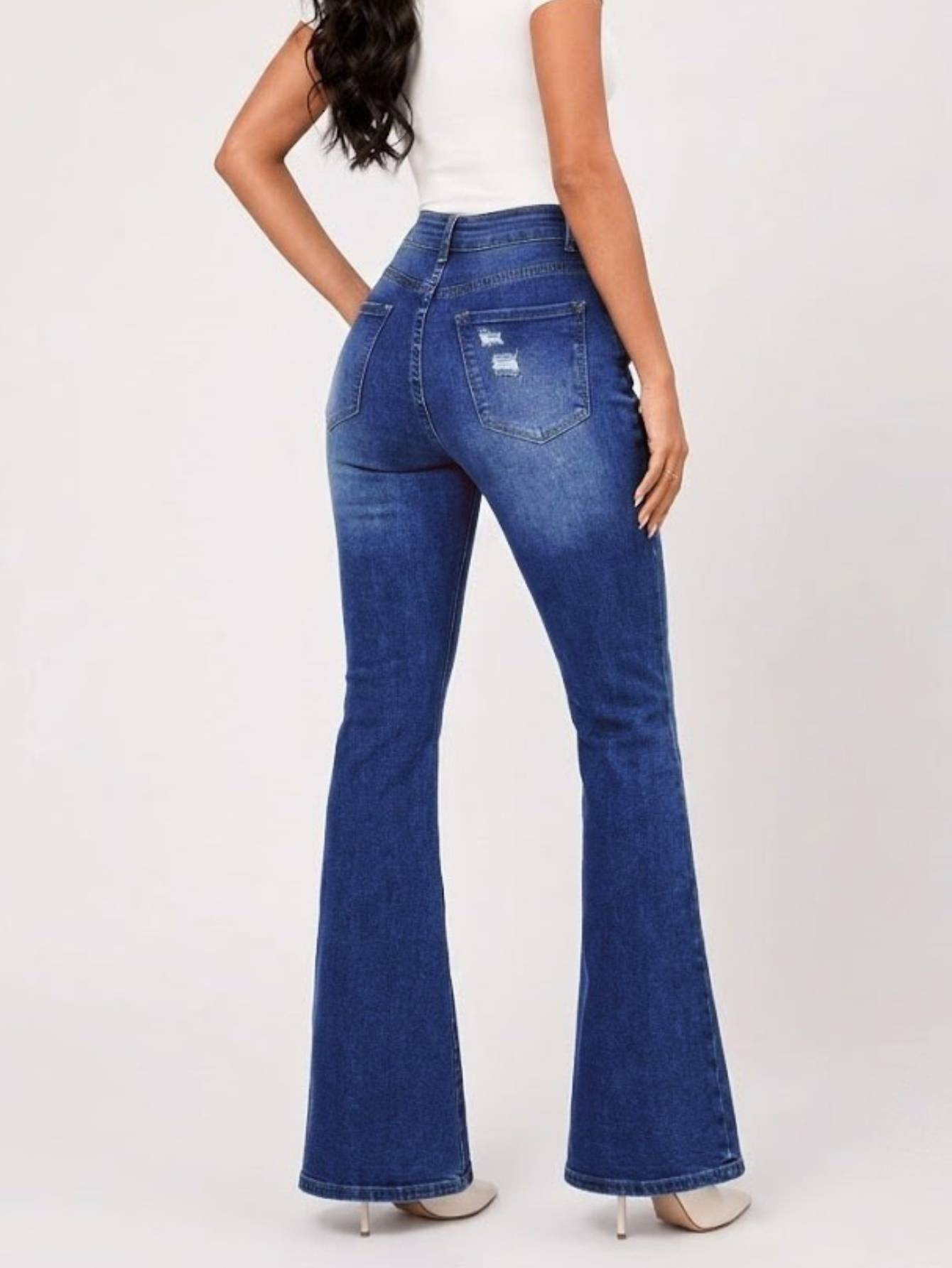Women's Knee-Flare Bell Bottom Jeans — High Rise Ripped Medium Blue Denim, view 3