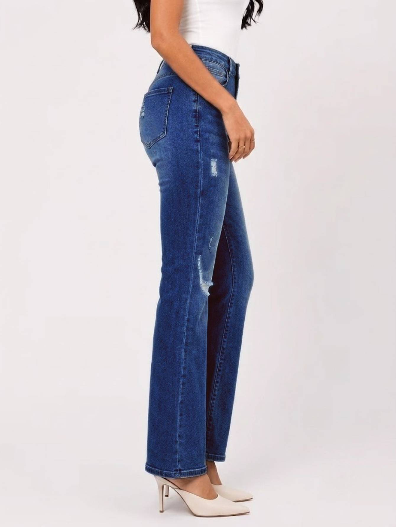 Women's Knee-Flare Bell Bottom Jeans — High Rise Ripped Medium Blue Denim, view 6