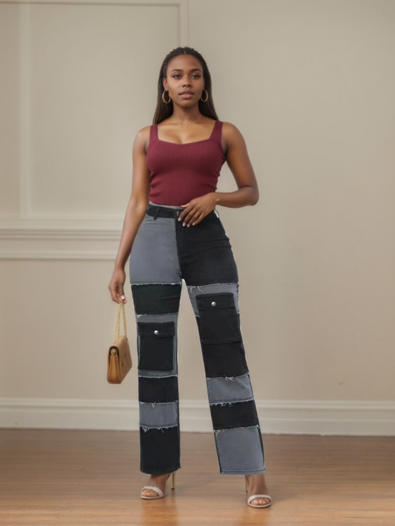 Women's Patchwork Cargo Jeans — High-Waisted Wide-Leg Black & Grey Denim, view 3