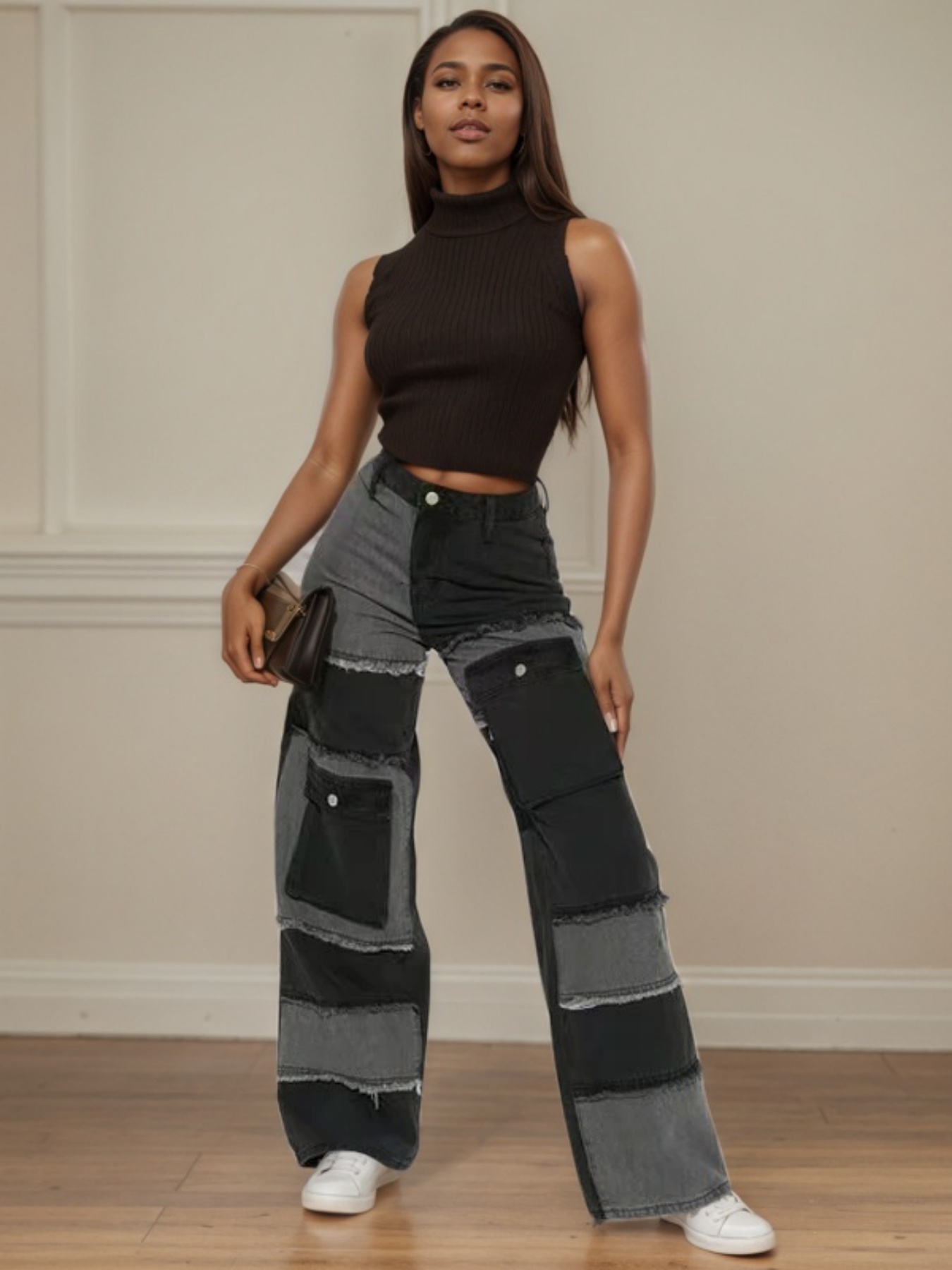 Women's Patchwork Cargo Jeans — High-Waisted Wide-Leg Black & Grey Denim, view 4