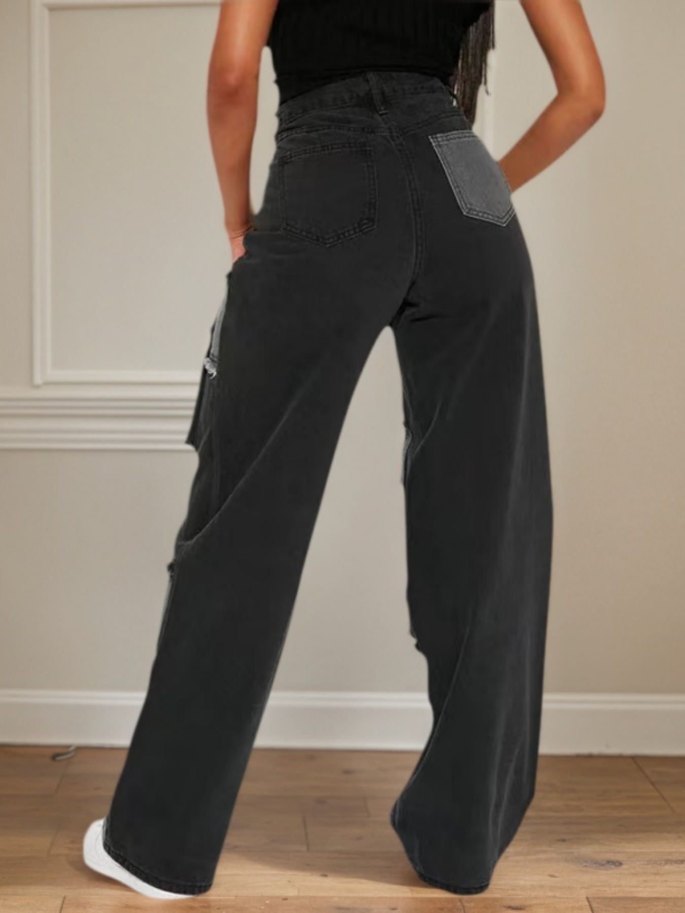 Women's Patchwork Cargo Jeans — High-Waisted Wide-Leg Black & Grey Denim, view 2