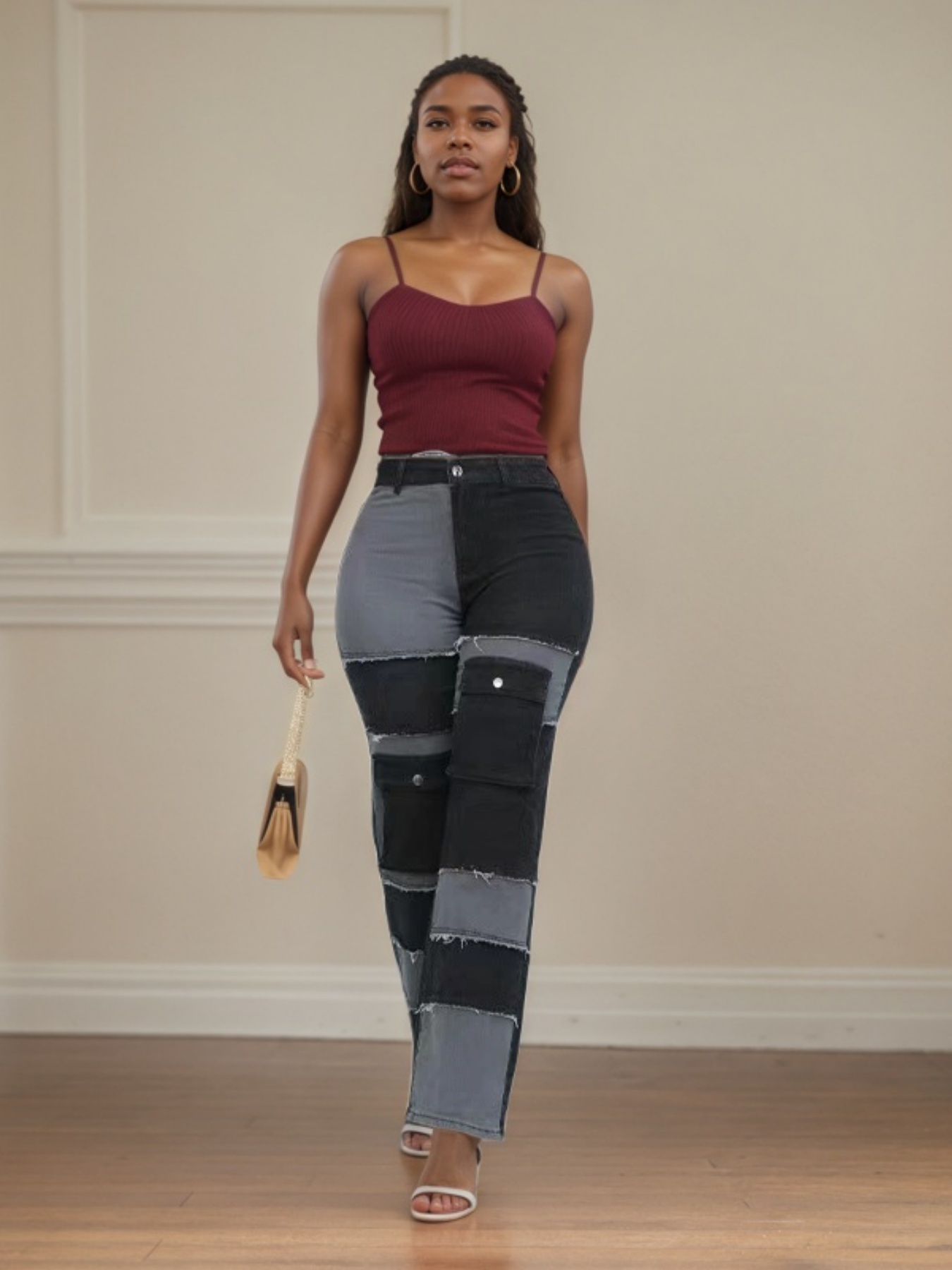 Women's Patchwork Cargo Jeans — High-Waisted Wide-Leg Black & Grey Denim, view 5