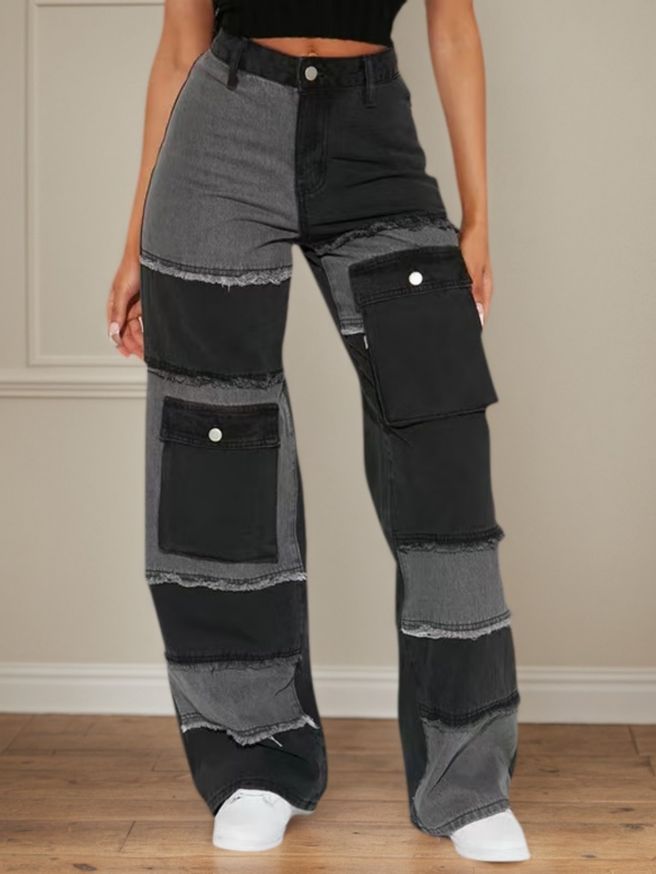 Women's Patchwork Cargo Jeans — High-Waisted Wide-Leg Black & Grey Denim