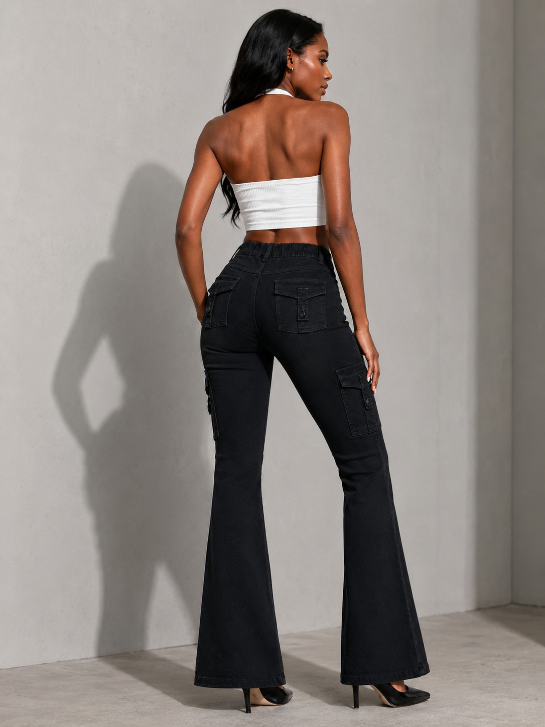 Women's Black Stretch Denim Low-Rise Cargo Flare Jeans With Flap Pockets, view 3